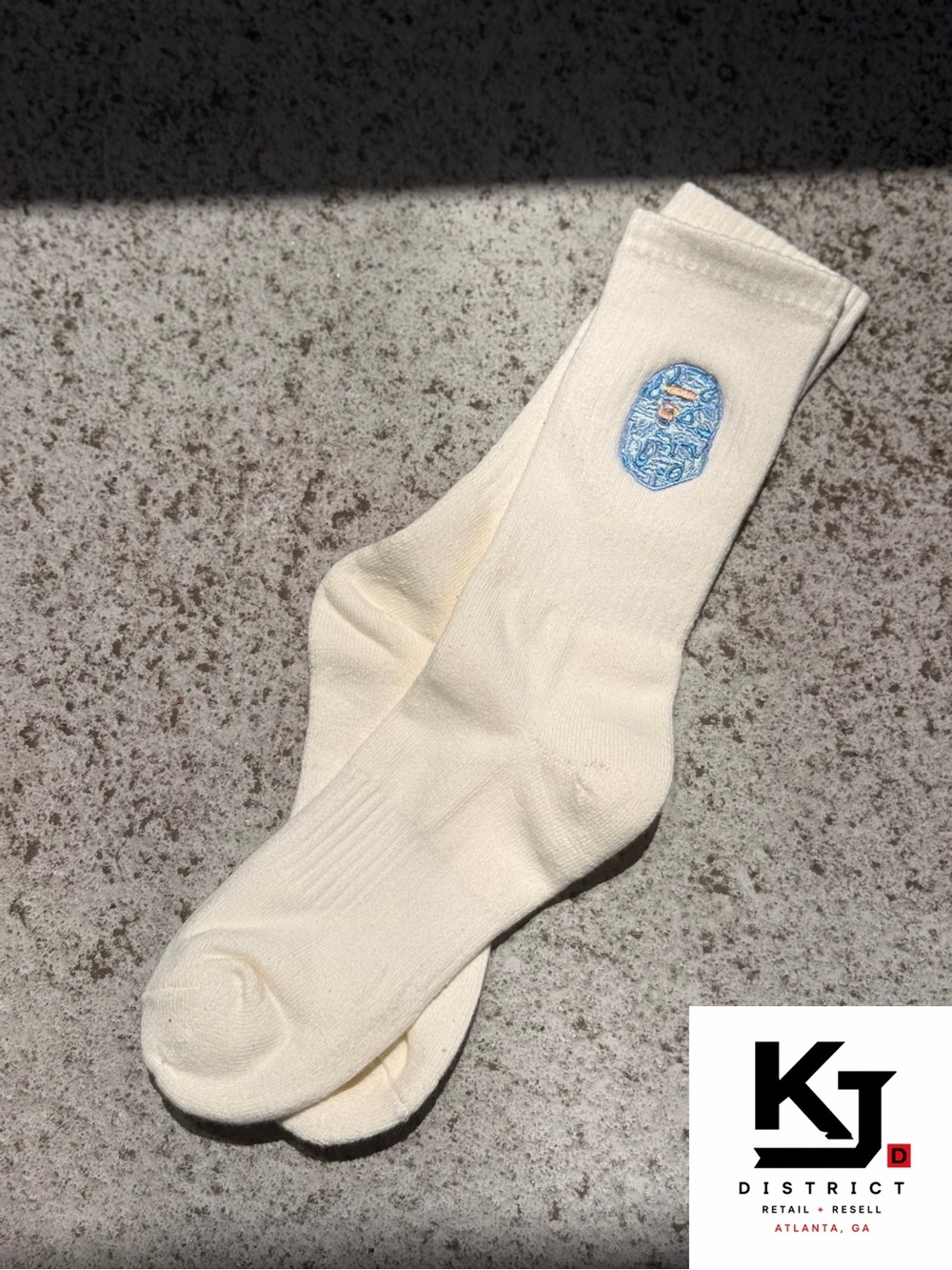 Bape Cream Crew Socks with Blue Ape Head Embroidery